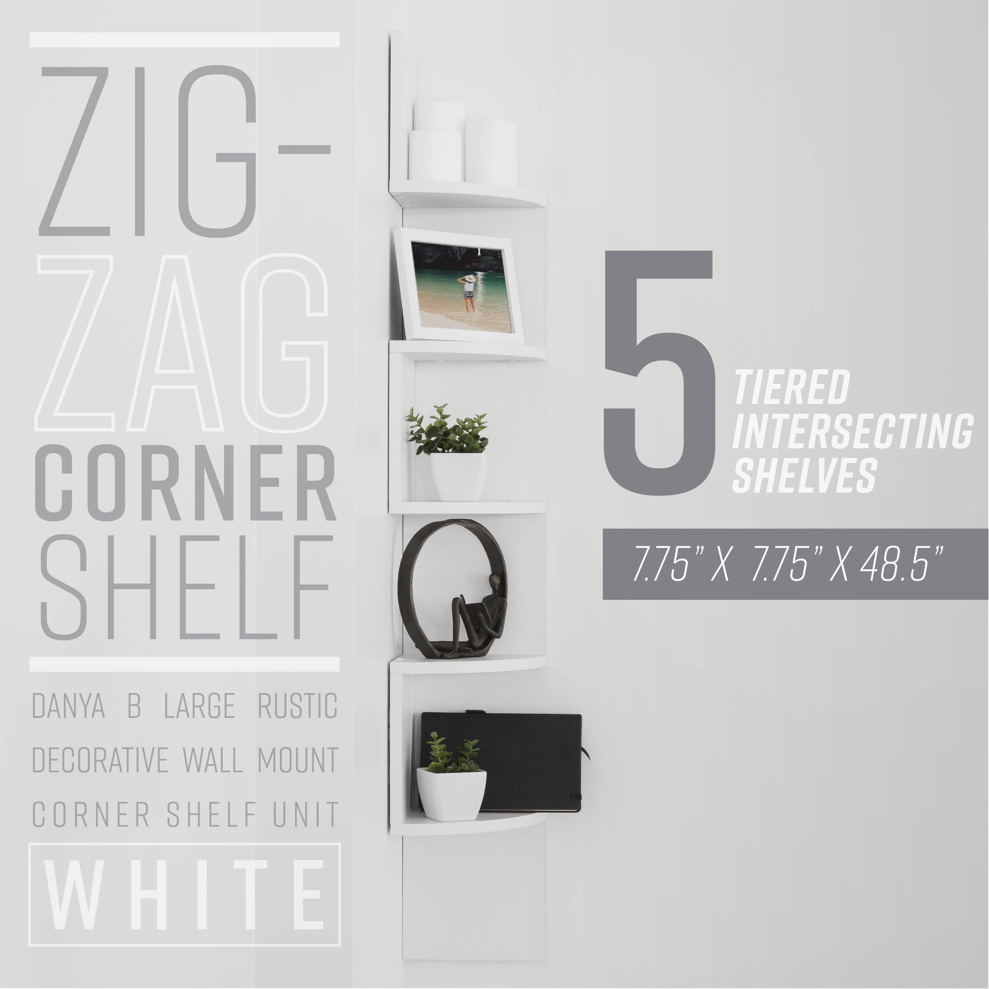 ZIG-ZAG CORNER SHELF  
DANYA B LARGE RUSTIC  
5 TIERED INTERSECTING SHELVES  
7.75" X 7.75" X 48.5"  
DECORATIVE WALL MOUNT CORNER SHELF UNIT  
WHITE