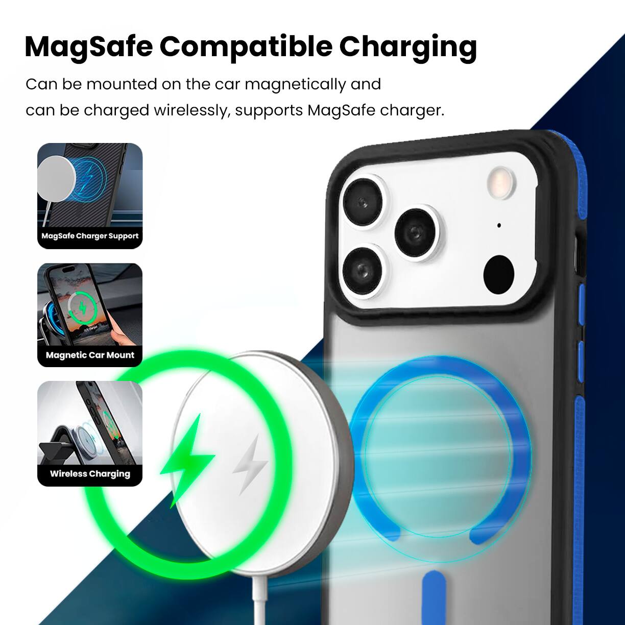 MagSafe Compatible Charging

Can be mounted on the car magnetically and can be charged wirelessly, supports MagSafe charger.

- MagSafe Charger Support
- Magnetic Car Mount
- Wireless Charging