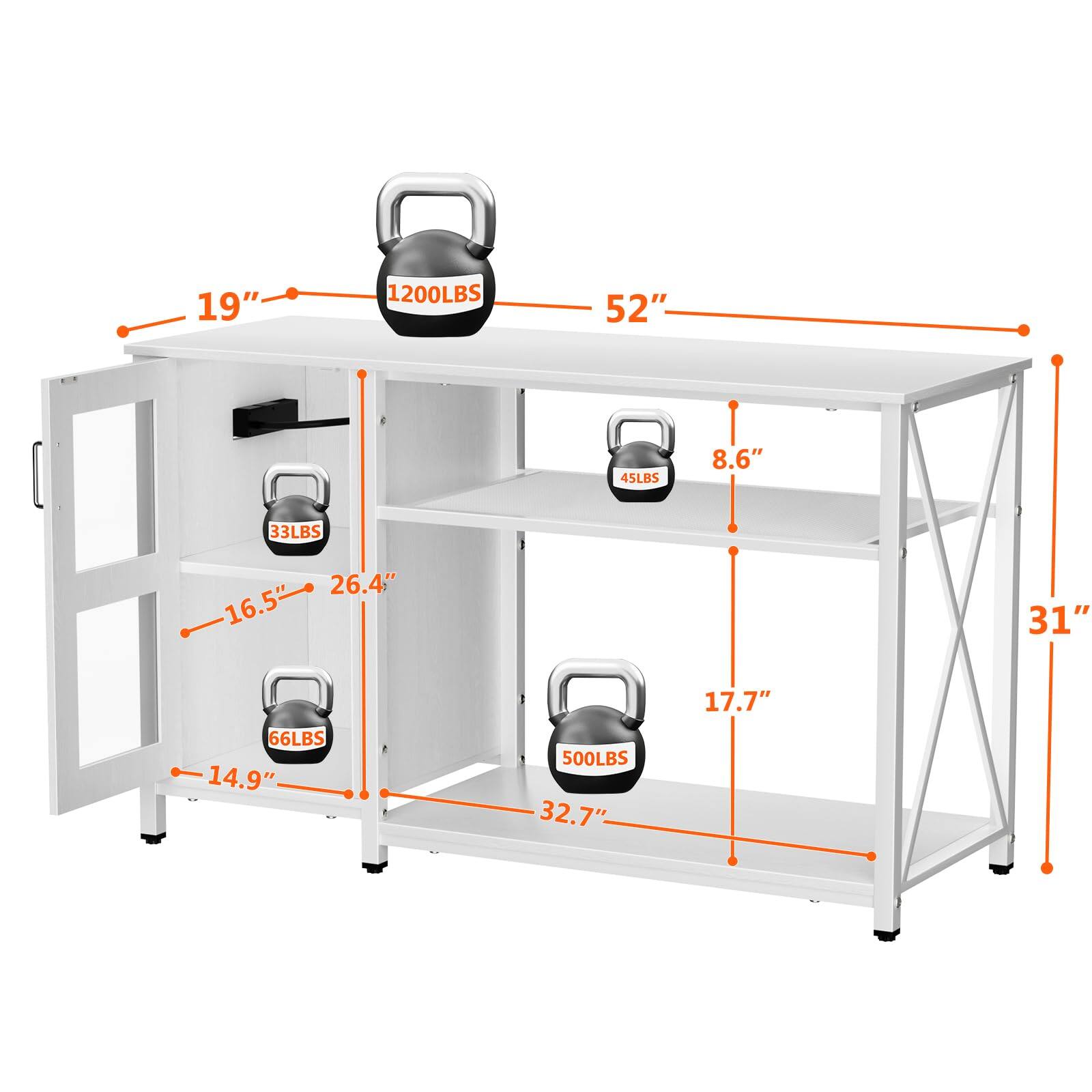 19" 1200LBS  
52"  
8.6" 45LBS  
16.5" 26.4"  
14.9" 66LBS  
31" 500LBS  
32.7" 17.7"