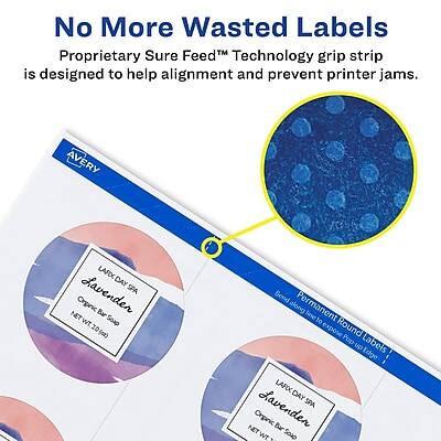 No More Wasted Labels  
Proprietary Sure Feed™ Technology grip strip is designed to help alignment and prevent printer jams.

AVERY LAFX DAY Lavender SPA Organic Bar NET Soap WT 20g  
Bend along Permanent line to expose Round Pop-up Labels Edge
