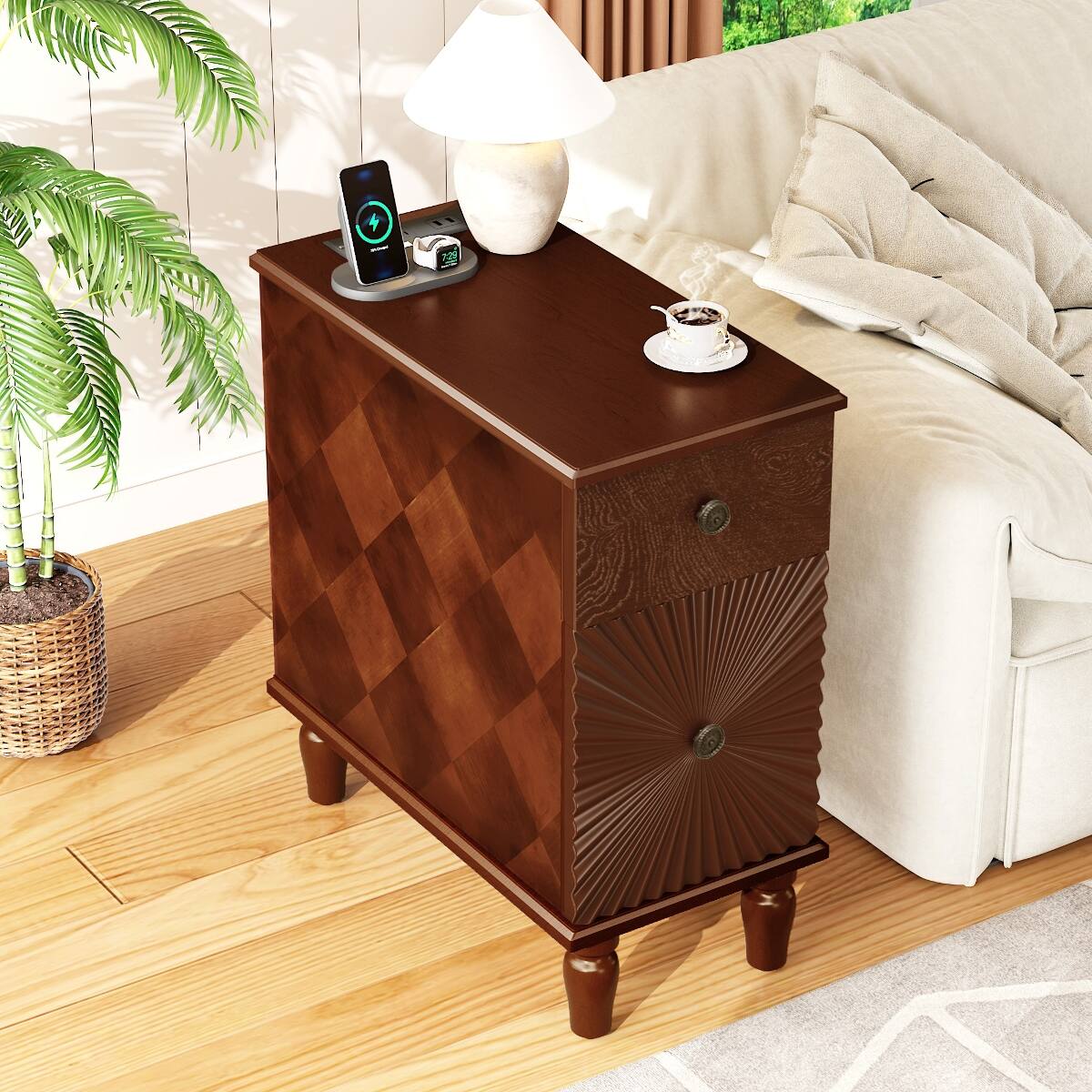 Left. Loheer - Loheer Two Drawer Nightstand, Walnut Narrow Sofa Side Table with Charging Station for Bedroom or Living Room - Walnut.