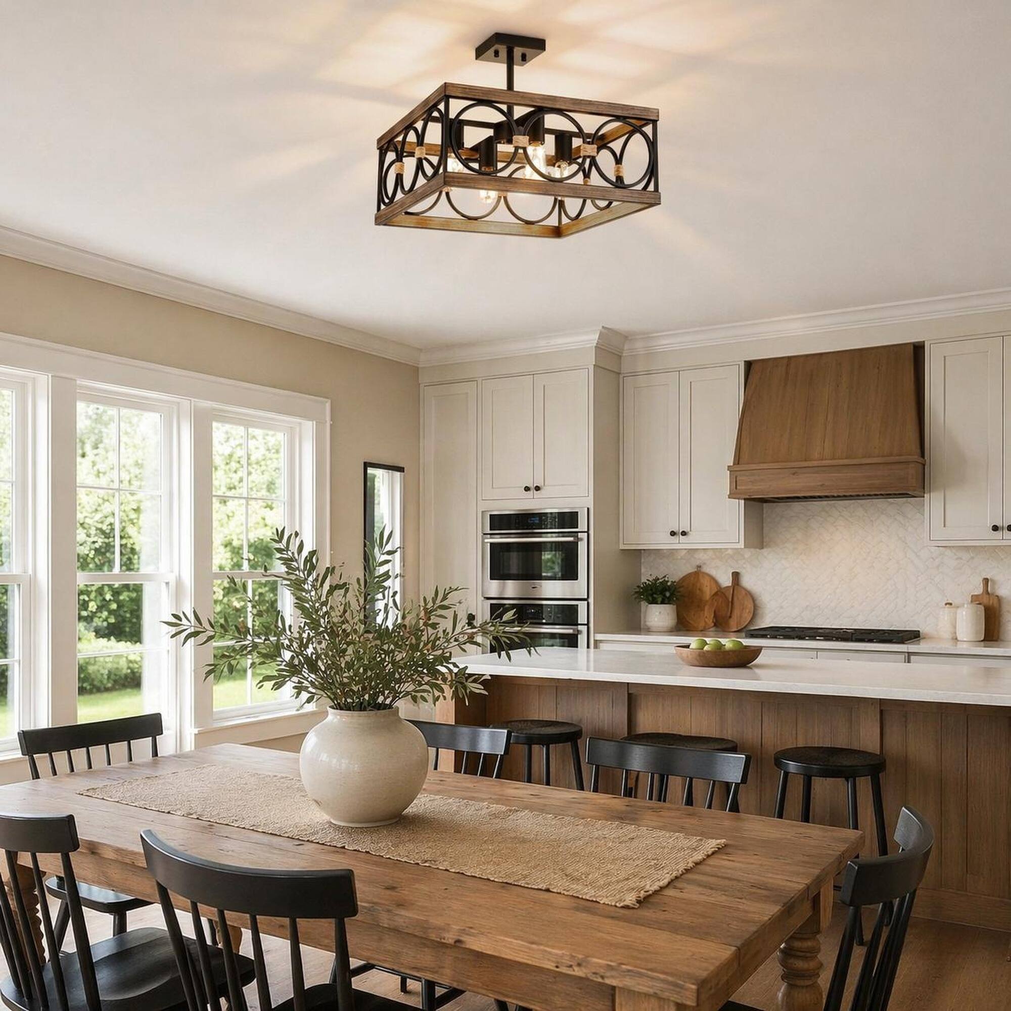 Left. RYHNUYNE - 4-Light Farmhouse Wood & Black Metal Rectangular Ceiling Light for Kitchen Island, Dining Room, Living Room.