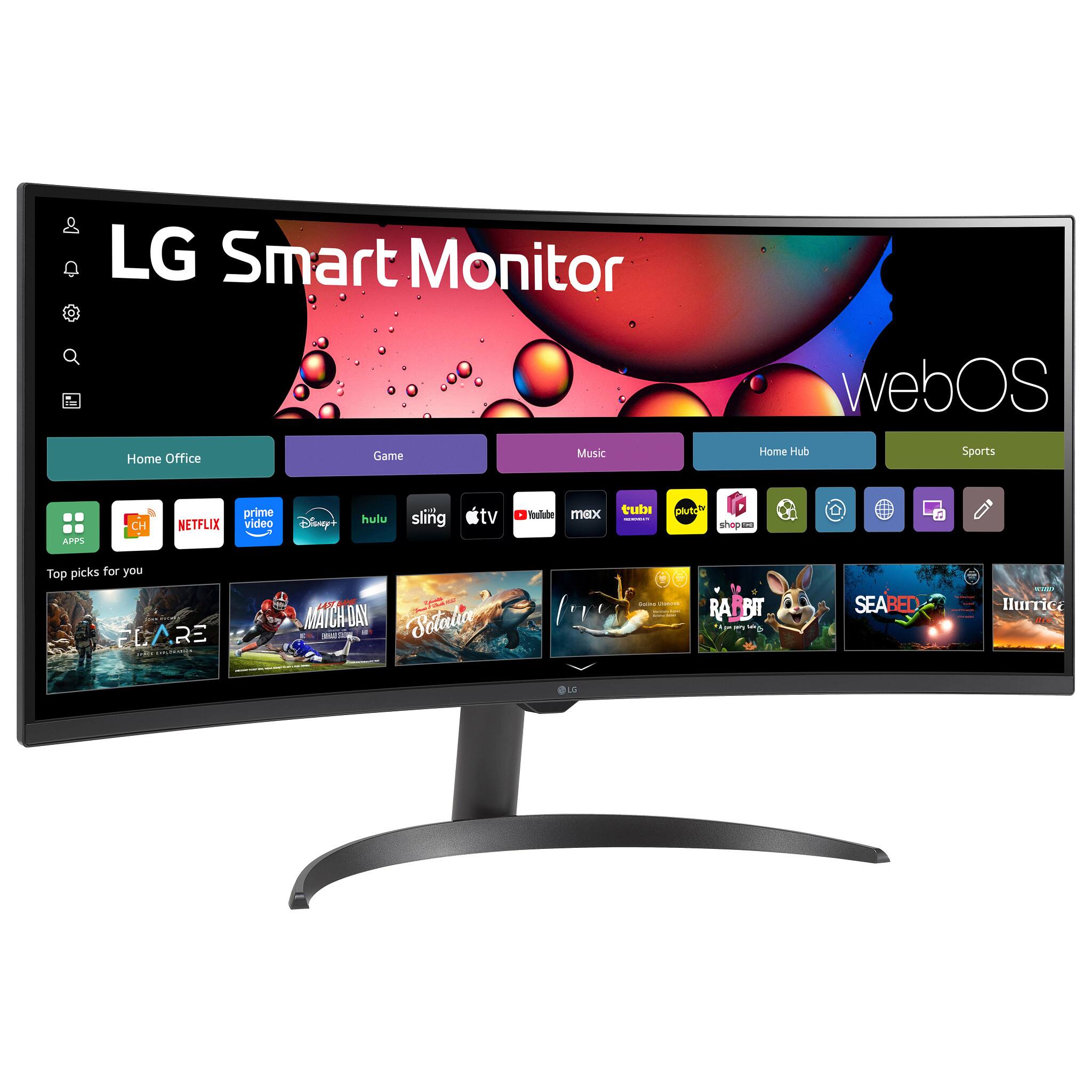 LG Smart Monitor  
WebOS  

Home Office  
Game  
Music  
Home Hub  
Sports  

Top picks for you  
ELARE  
MATCH-DAIN  
Sotatia  
RABBIT  
SEABED  
Hurricane  

Apps  
Netflix  
prime video  
Disney  
hulu  
sling tv  
Tubi  
pluto tv  
shopUSA  
max  
i shop  

LG