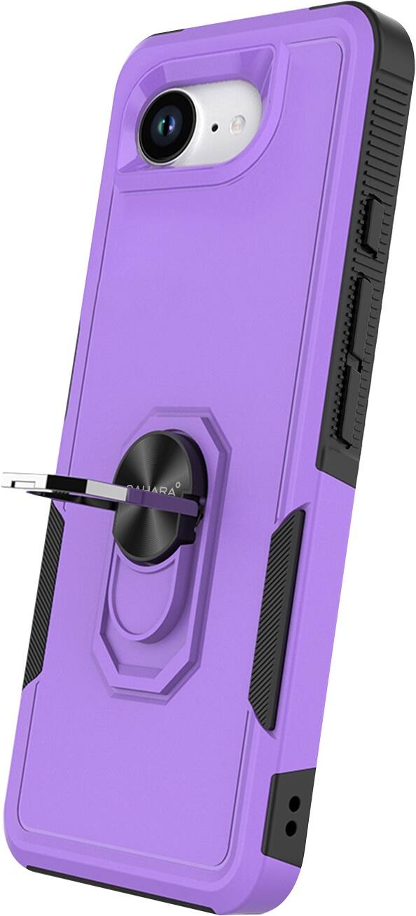 The image features a purple cell phone case with a hole in the center. The phone is placed inside the case, and the case is attached to a keychain. The case is designed to hold the phone securely and provide easy access to the device. The keychain can be used to attach the case to a bag or other personal belongings, ensuring the phone is always within reach.