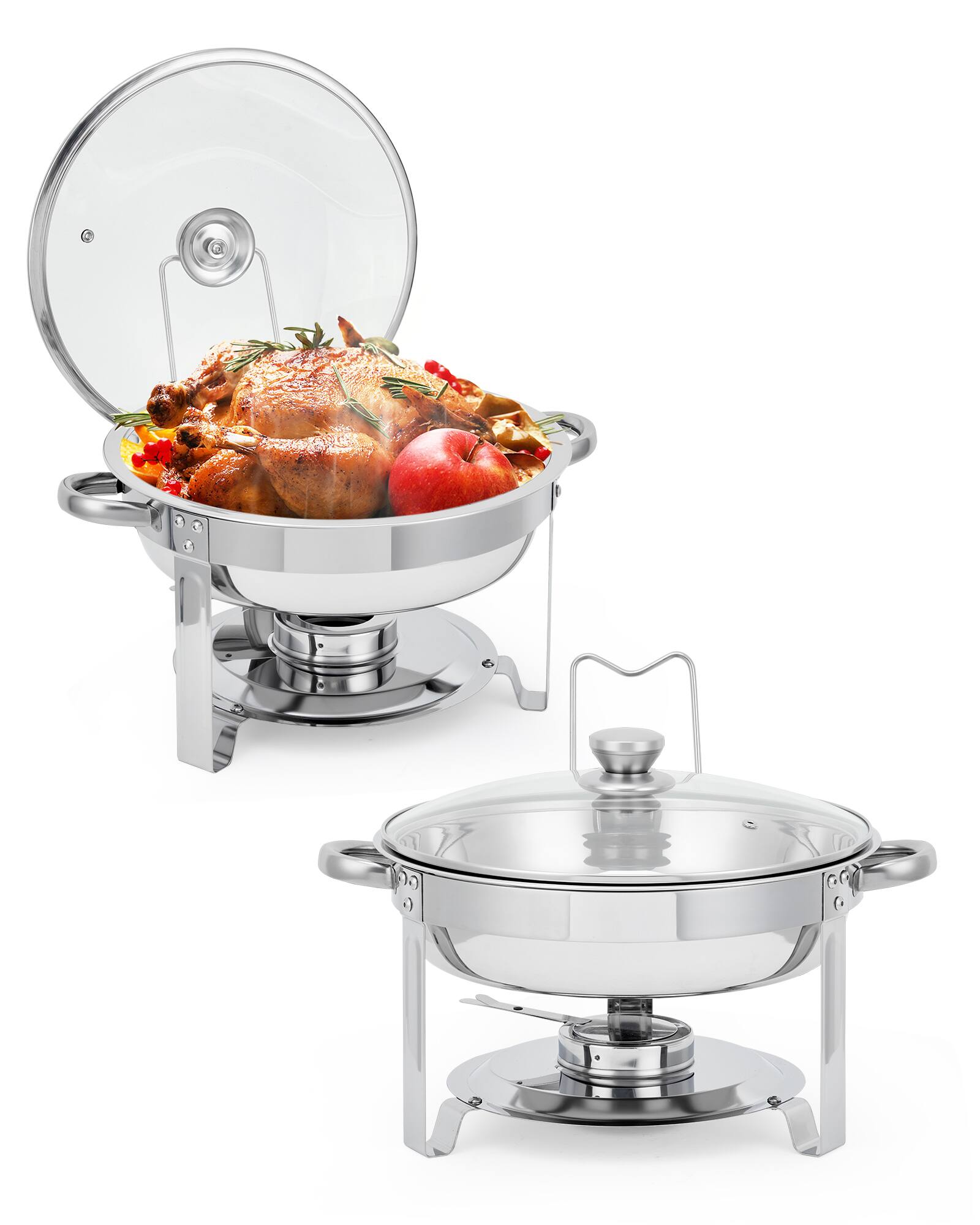 Front. GARVEE - Chafing Dishes for Buffet Set of 2, 5 QT Round Buffet Servers and Food Warmer Set with Glass Lid, Silver - Silver.