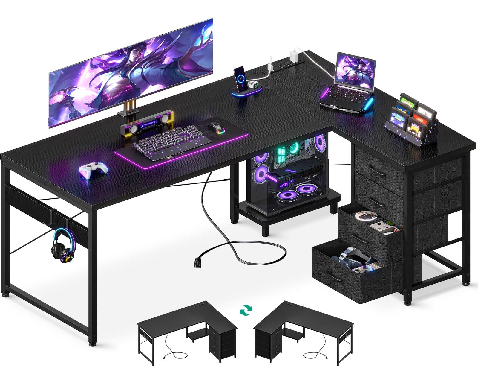 Hirose Alice - AODK L Shaped Gaming Desk with 4 Drawers, Reversible Home Office Desks with Power Outlets, L Shaped Compute - Black 61 Inch