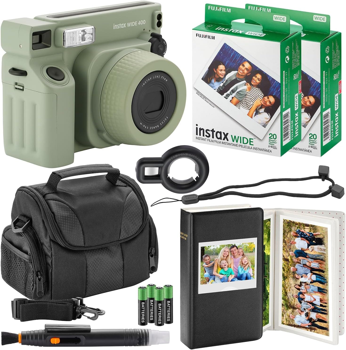 Fujifilm - Instax Wide 400 Instant Camera + Camera Case + 4 AA Batteries + Photo Album, Cleaning Pen + Photo Prints (Sage Green) - 40 Sheets