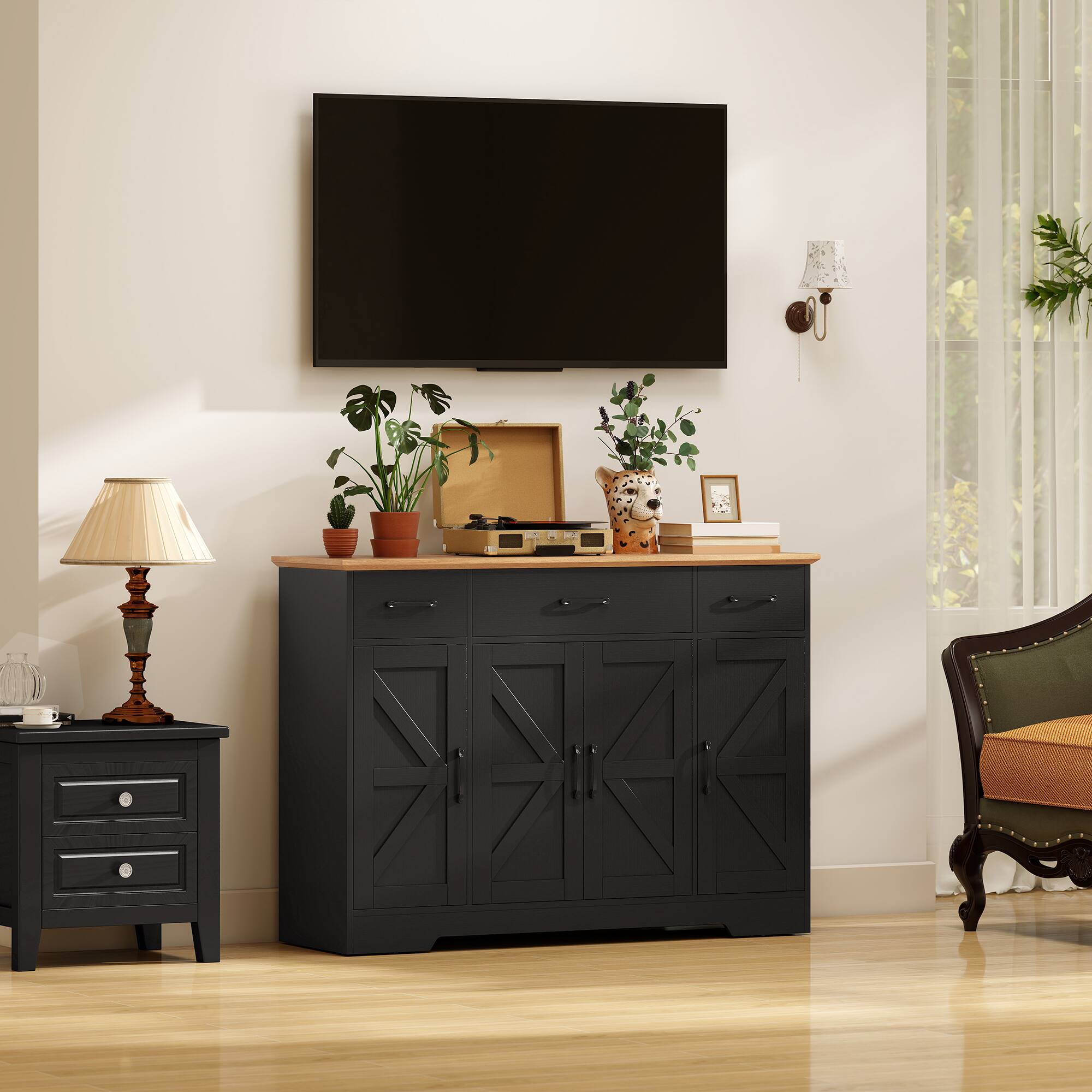 Alt View 8. Homcom - Buffet Cabinet with Soft-Close Hinges, Farmhouse Sideboard with 3 Drawers - Black.