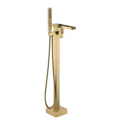 Front. Boyel Living - Freestanding Floor Mount Single Handle Waterfall Tub Filler Faucet with Handheld Shower in Brushed Gold - Brushed Gold.
