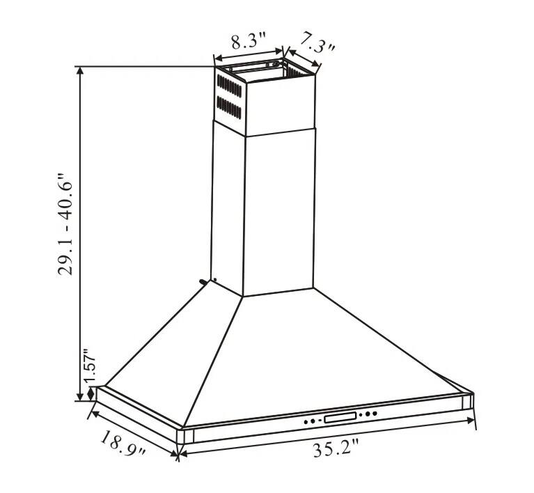 The text on the image is grouped as follows:

- 8.3"
- 7.3"
- 29.1 - 40.6"
- 1.57"
- 18.9"
- 35.2"