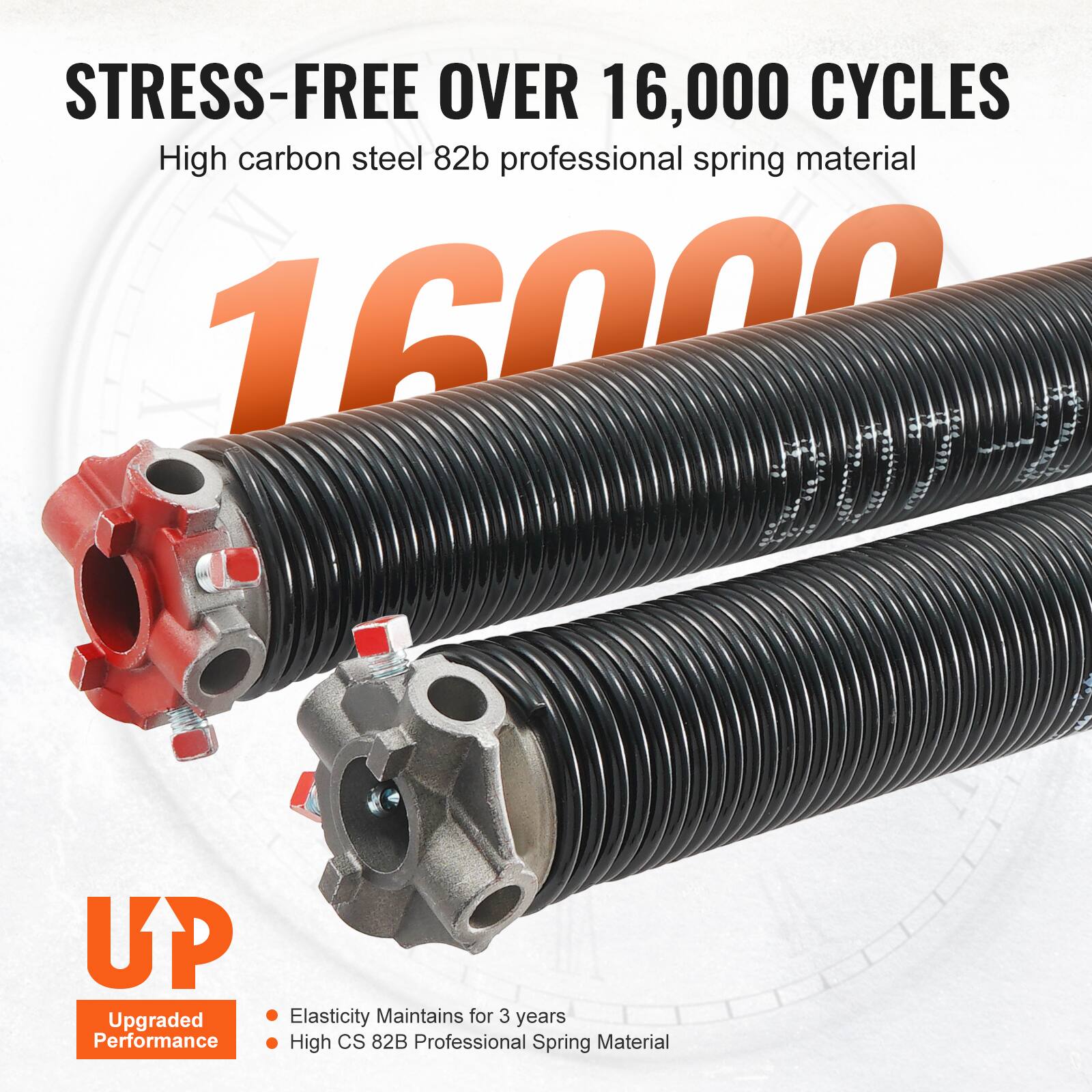 STRESS-FREE OVER 16,000 CYCLES  
High carbon steel 82b professional spring material  

16000  

UP  
Upgraded Performance  

- Elasticity Maintains for 3 years  
- High CS 82B Professional Spring Material