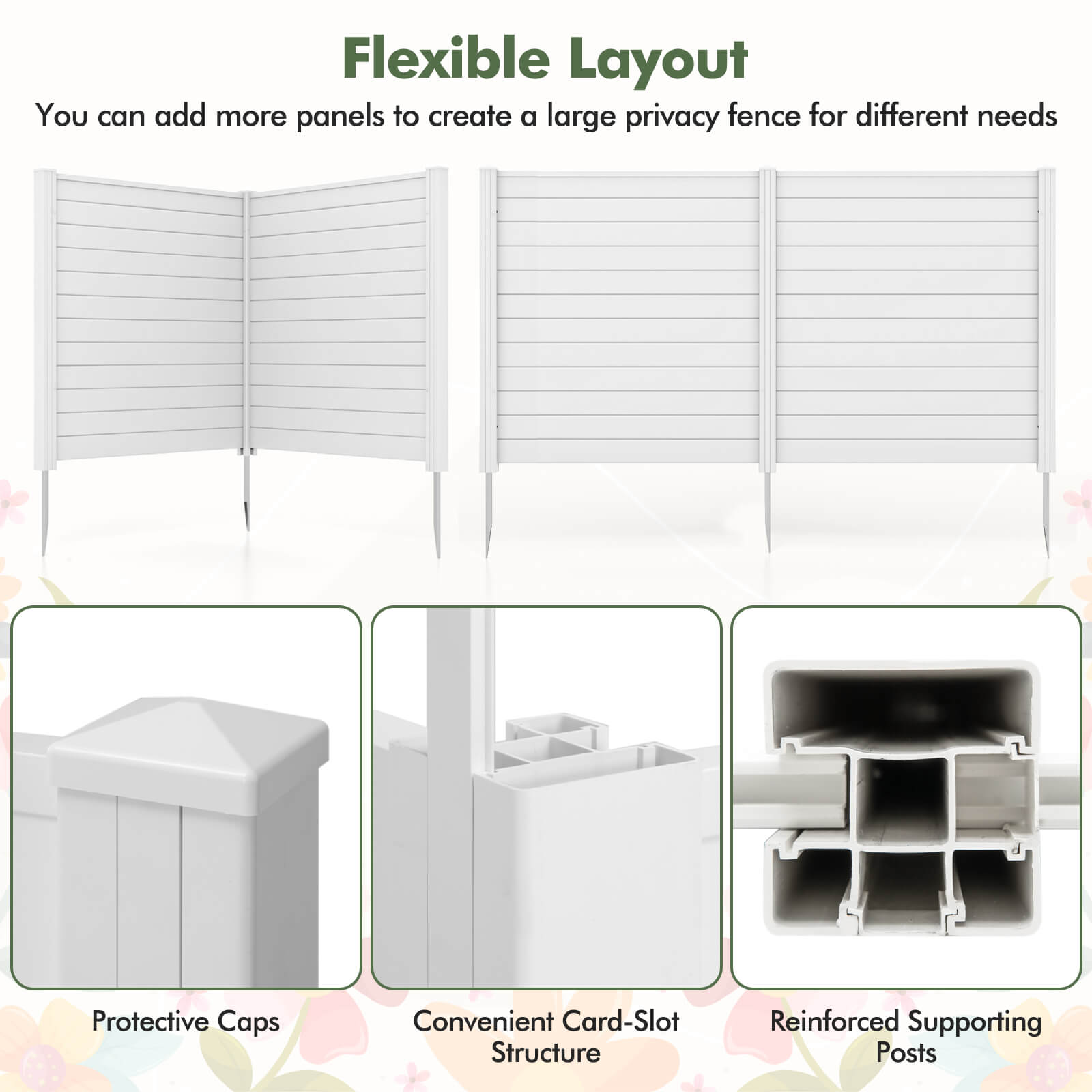 Flexible Layout: You can add more panels to create a large privacy fence for different needs.
Protective Caps: Convenient Card-Slot Structure.
Reinforced Supporting Posts: