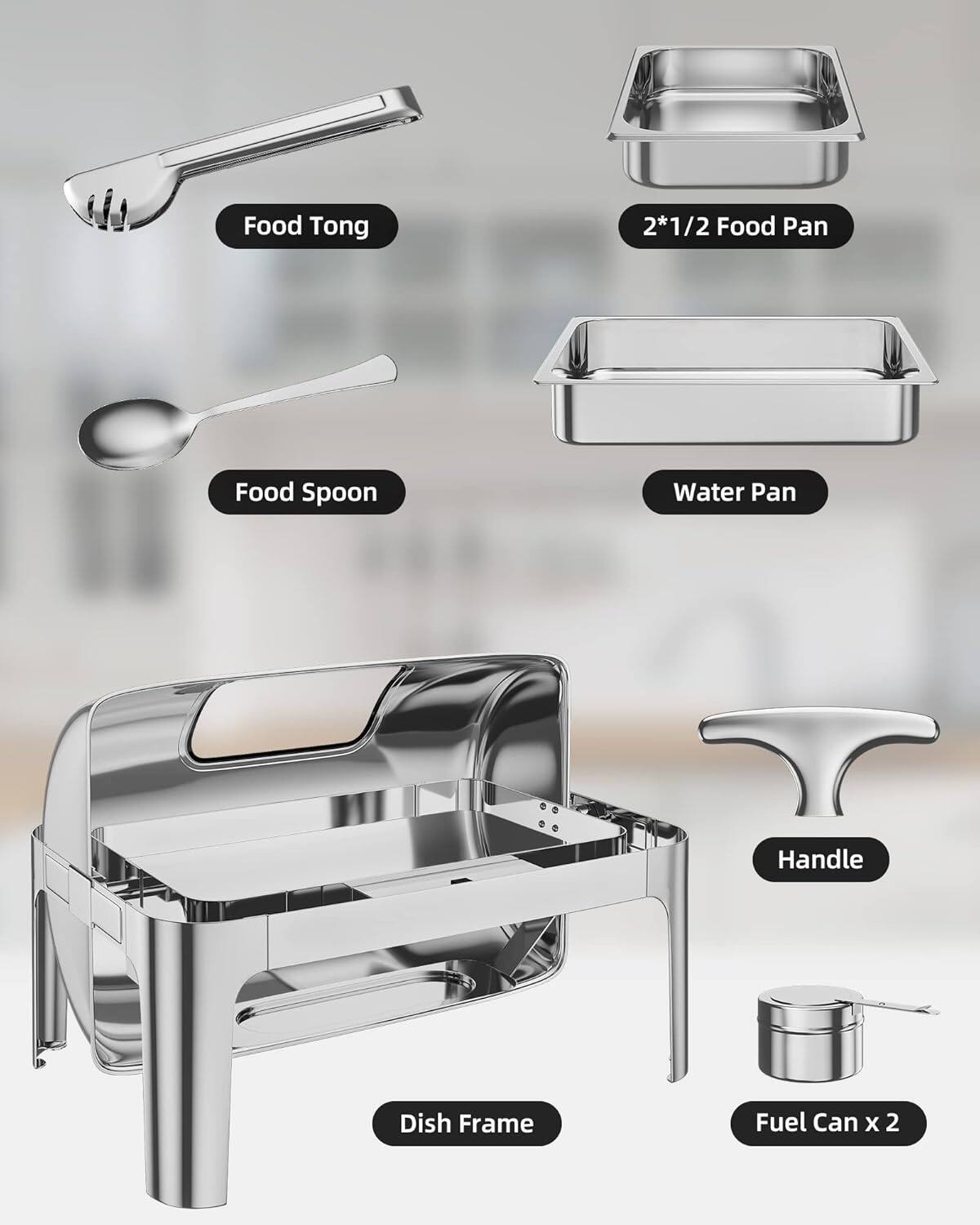 Food Tong  
2*1/2 Food Pan  
Food Spoon  
Water Pan  
Handle  
Dish Frame  
Fuel Can x 2