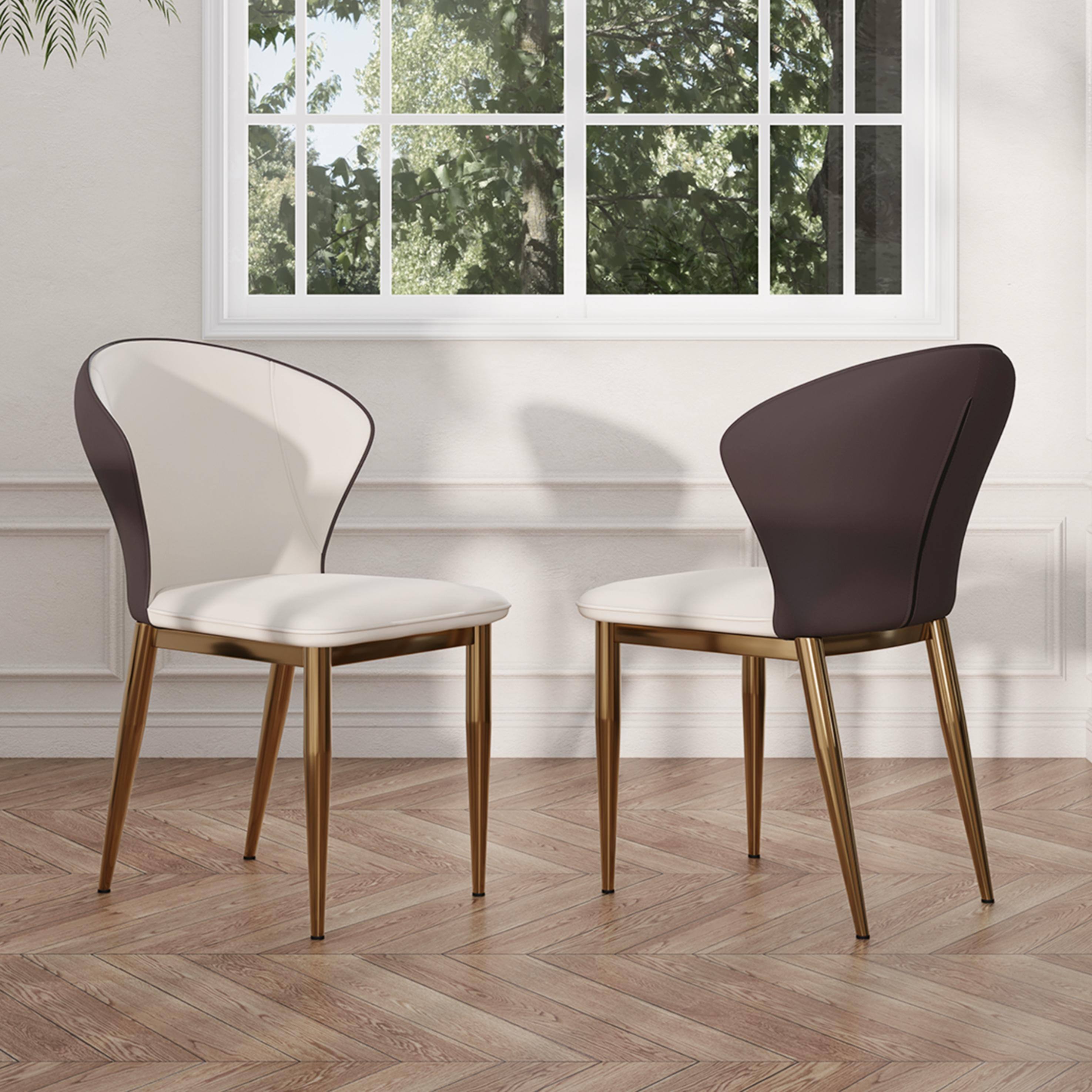 Back. POVISON - Modern Wingback Dining Chairs Set of 2, Faux Leather Side Chairs, Beige & Brown - Beige & Brown.