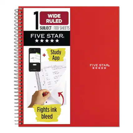 1 Wide Ruled
Subject | 100 Sheets
Five Star®
Study App
Fights Ink Bleed