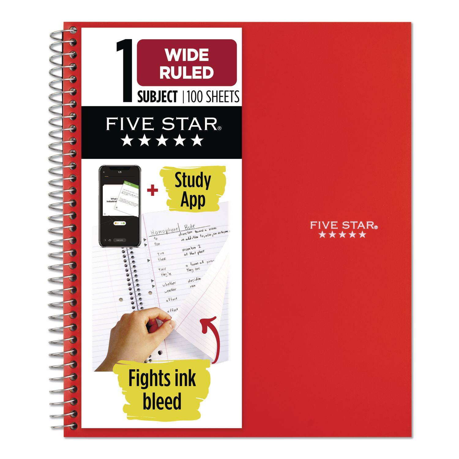 1 Wide Ruled  
Subject | 100 Sheets  
Five Star®  
Study App  
Fights Ink Bleed