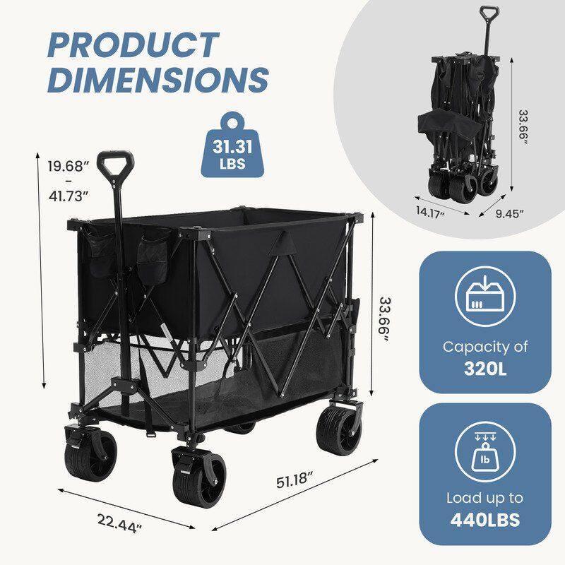 PRODUCT DIMENSIONS

- 31.31" LBS
- 19.68" 
- 41.73" 
- 14.17" 
- 9.45" 
- 33.66" 
- 22.44" 
- 51.18" 

Capacity of 320L

Load up to 440LBS