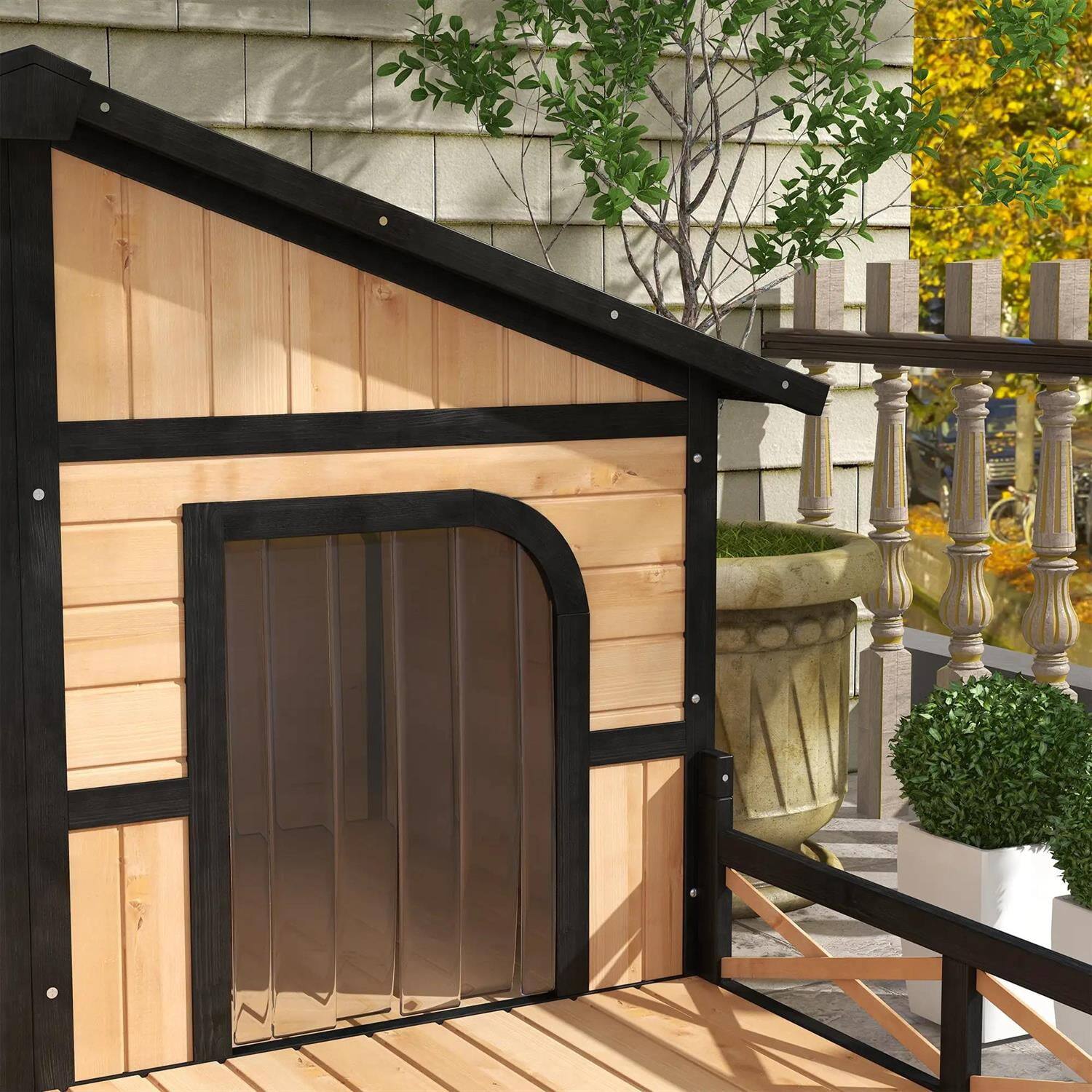Alt View 7. Pefilos - 59" Outdoor Dog House with Porch, Double Room, Openable Roof, Removable Bottom, Wooden Dog House with Elevated Floor.