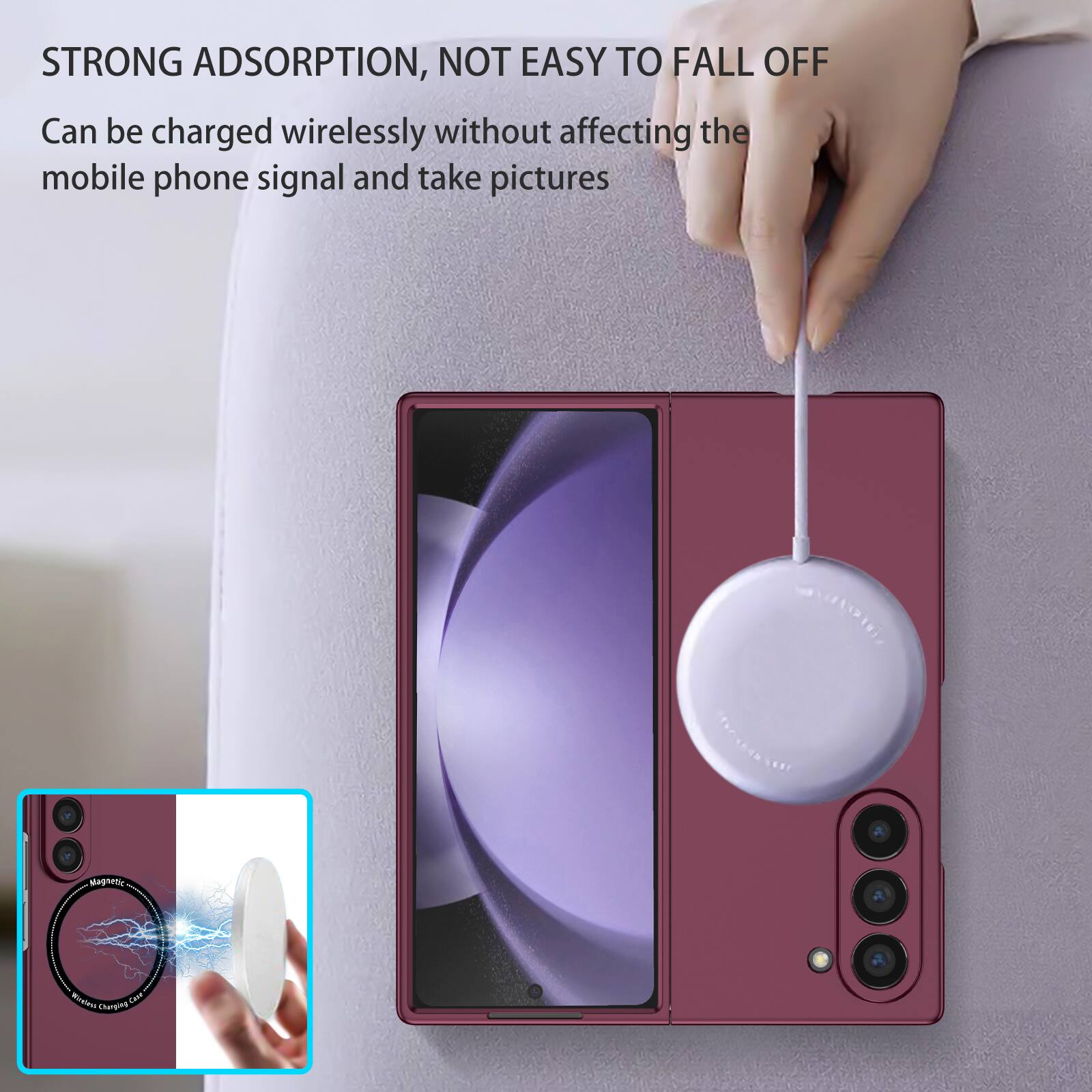 STRONG ADSORPTION, NOT EASY TO FALL OFF  
Can be charged wirelessly without affecting the mobile phone signal and take pictures