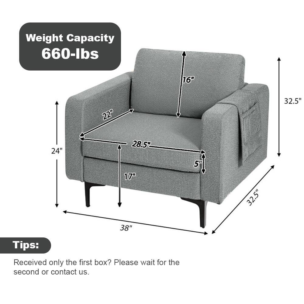 Weight Capacity: 660-lbs

Dimensions:
- Height: 32.5"
- Width: 38"
- Depth: 24"
- Seat Height: 17"
- Seat Depth: 28.5"
- Arm Height: 22"
- Back Height: 16"
- Arm Width: 5"

Tips:
Received only the first box? Please wait for the second or contact us.