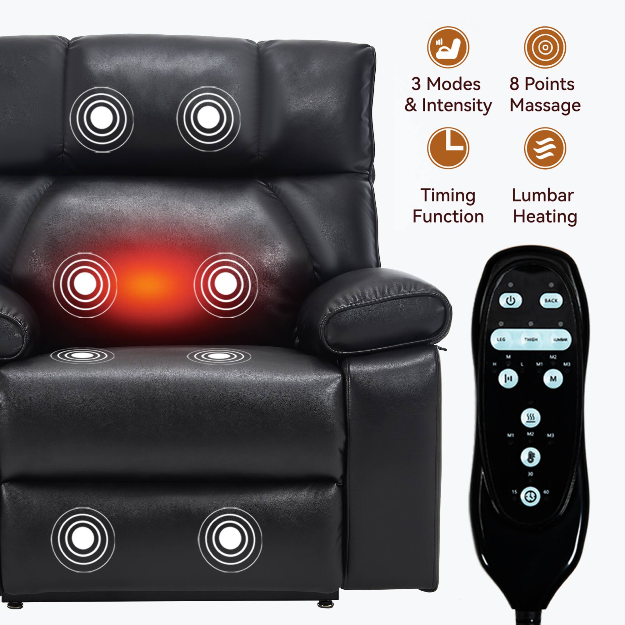 3 Modes & Intensity  
8 Points Massage  
Timing Function  
Lumbar Heating