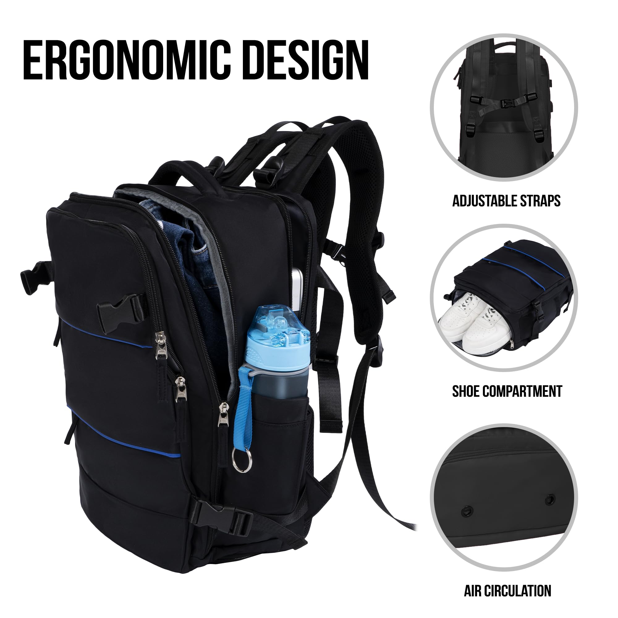 Back. Pacoar Cade - Airline Flight Approved Multifunctional Large Travel Backpack For Women Man Carry On personal Item Under 18x14x8 Laptop - Default.