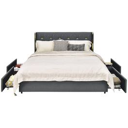 Costway - Full Upholstered Bed Frame with 4 Storage Drawers Headboard - Dark Gray