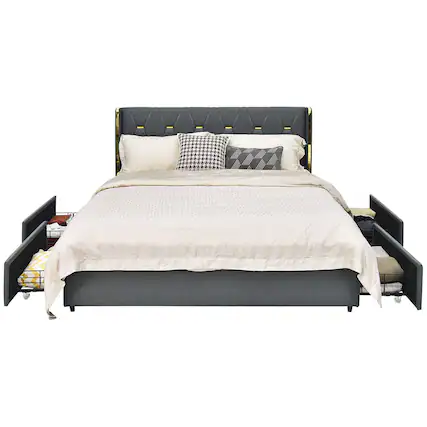 Alt View 1. Gymax - Gymax Full Upholstered Bed Frame with 4 Storage Drawers Headboard Dark Grey - Dark Grey.