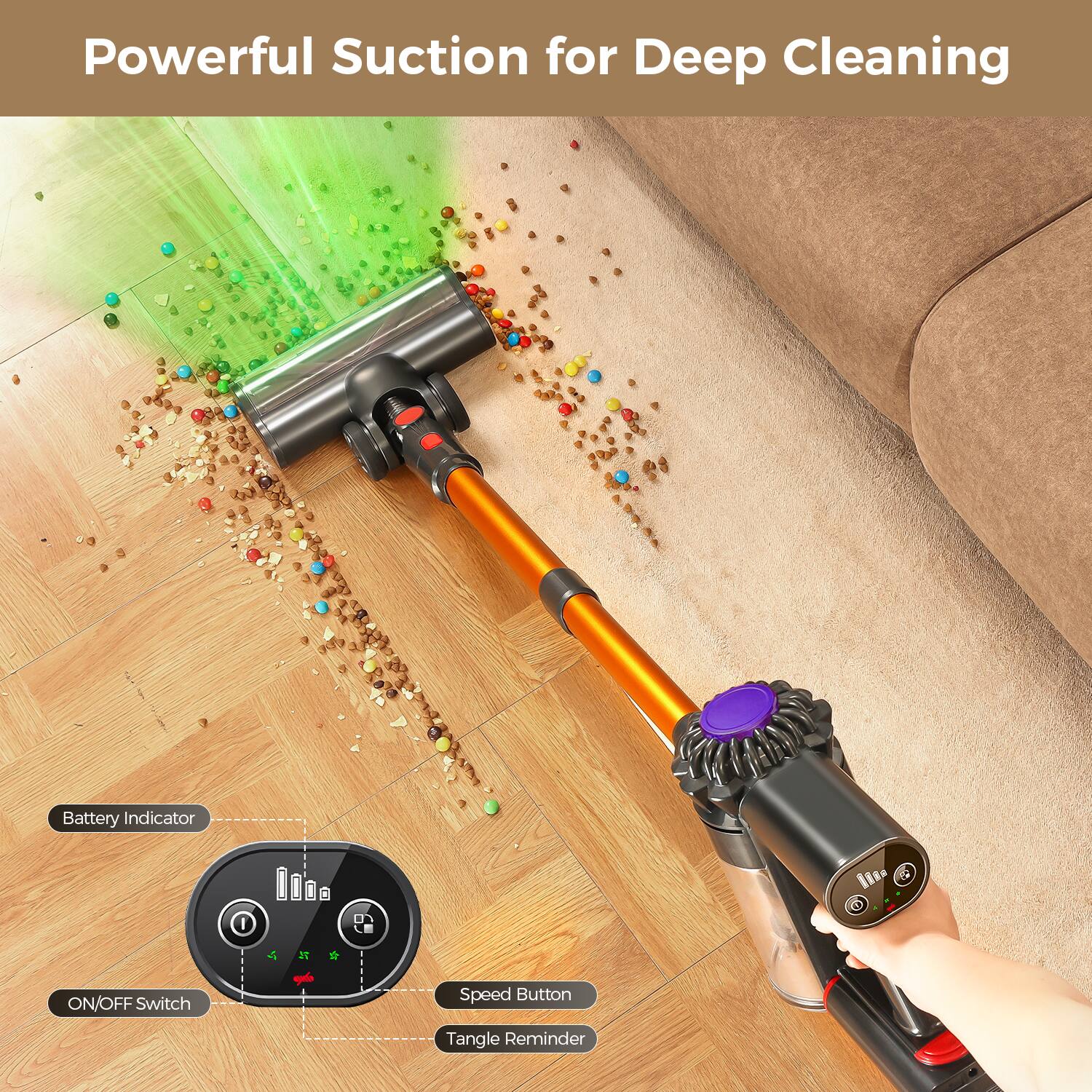 Powerful Suction for Deep Cleaning

- Battery Indicator
- ON/OFF Switch
- Speed Button
- Tangle Reminder