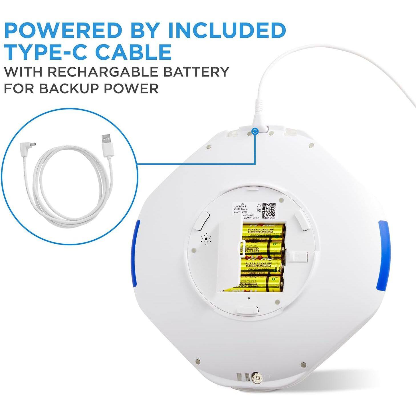 POWERED BY INCLUDED TYPE-C CABLE WITH RECHARGEABLE BATTERY FOR BACKUP POWER