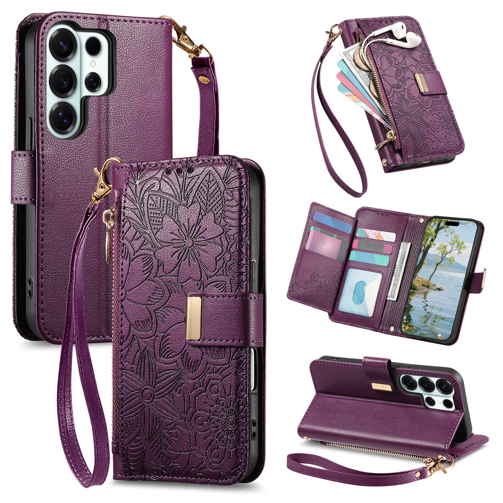 UUCOVER - Floral PU Leather Wallet Case for Samsung Galaxy S26 Ultra with Zipper Pocket, Cash Card Slot, Shoulder & Wrist Strap - Purple price history on PriceWatchPro