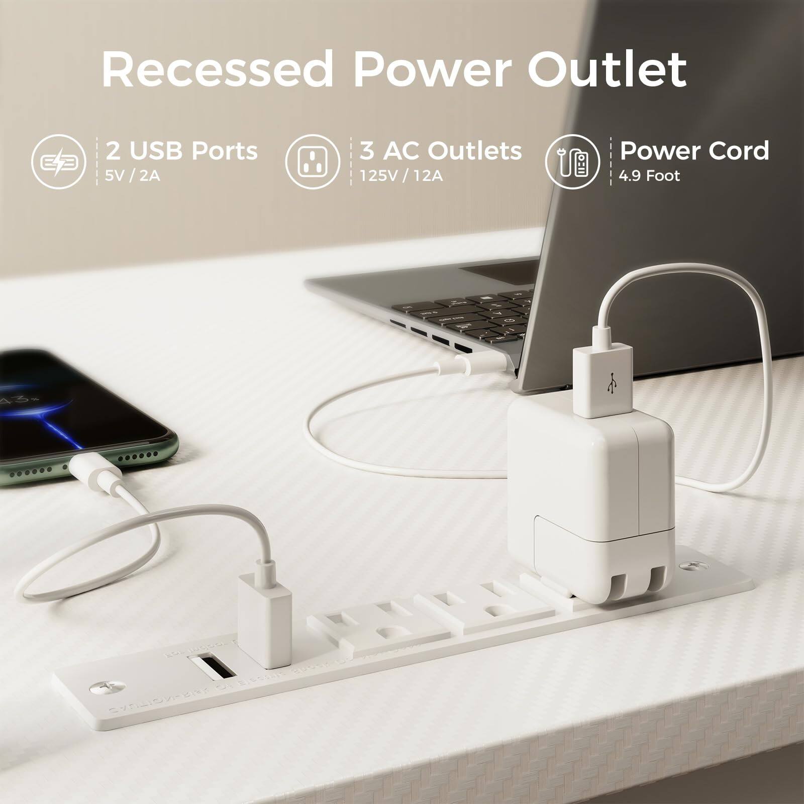 Recessed Power Outlet  
- 2 USB Ports (5V / 2A)  
- 3 AC Outlets (125V / 12A)  
- Power Cord (4.9 Foot)