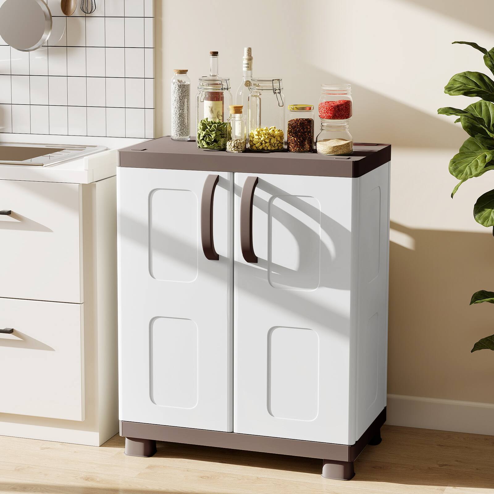 Alt View 3. Costway - Costway Storage Cabinet, Freestanding Buffet Cabinet Sideboard with 2 Doors and Shelves - Brown and White.