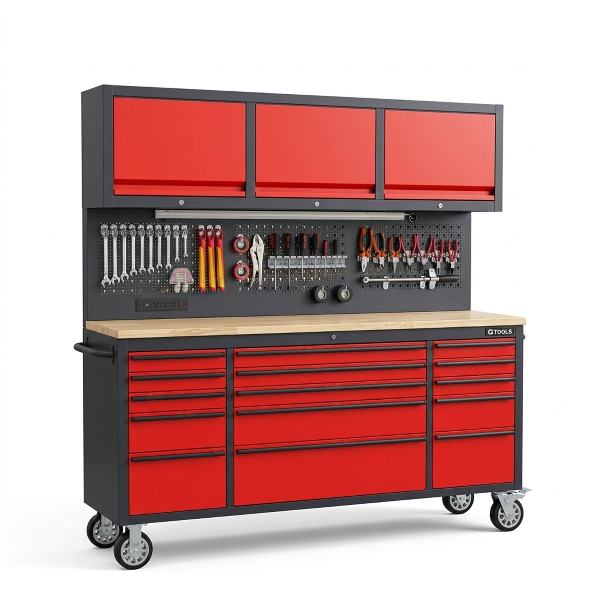 Alt View 4. Boyel Living - 72 inch Rolling Tool Chest with Power Strip Workbench Upper Cabinets Pegboard.