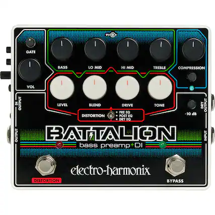 - GATE
- BASS
- LO MID
- HI MID
- TREBLE
- COMPRESSION
- VOL
- LEVEL
- BLEND
- DRIVE
- TONE
- PRE EQ
- POST EQ
- DRY EQ
- -10 dB
- DISTORTION
- BATTALION
- bass preamp+DI
- electro-harmonix
- BYPASS
- DISTORTION
- INPUT
- OUTPUT
- DI OUTPUT
- OUTPUT
- BATTALION
- bass preamp+DI
- electro-harmonix
- DISTORTION
- BYPASS