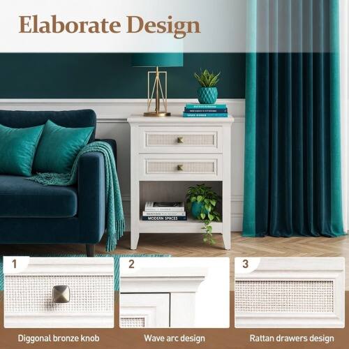 Elaborate Design

1. Diggonal bronze knob
2. Wave arc design
3. Rattan drawers design