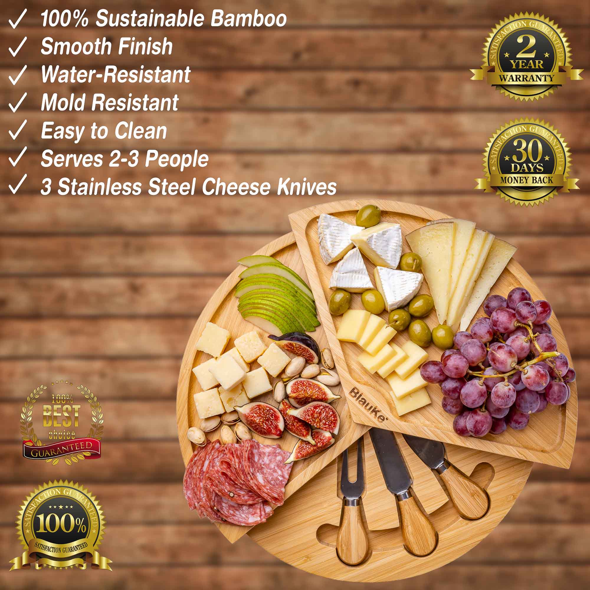 100% Sustainable Bamboo, Smooth Finish, Water-Resistant, Mold Resistant, Easy to Clean, Serves 2-3 People, 3 Stainless Steel Cheese Knives, 2 Year Warranty, 30 Days Money Back, 100% Satisfaction Guaranteed, Best Choice Guaranteed, Blauke