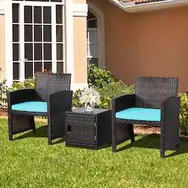 Gymax - 3PCS Patio PE Rattan Conversation Furniture Set Bistro Set w/ Waterproof Cover - Turquoise