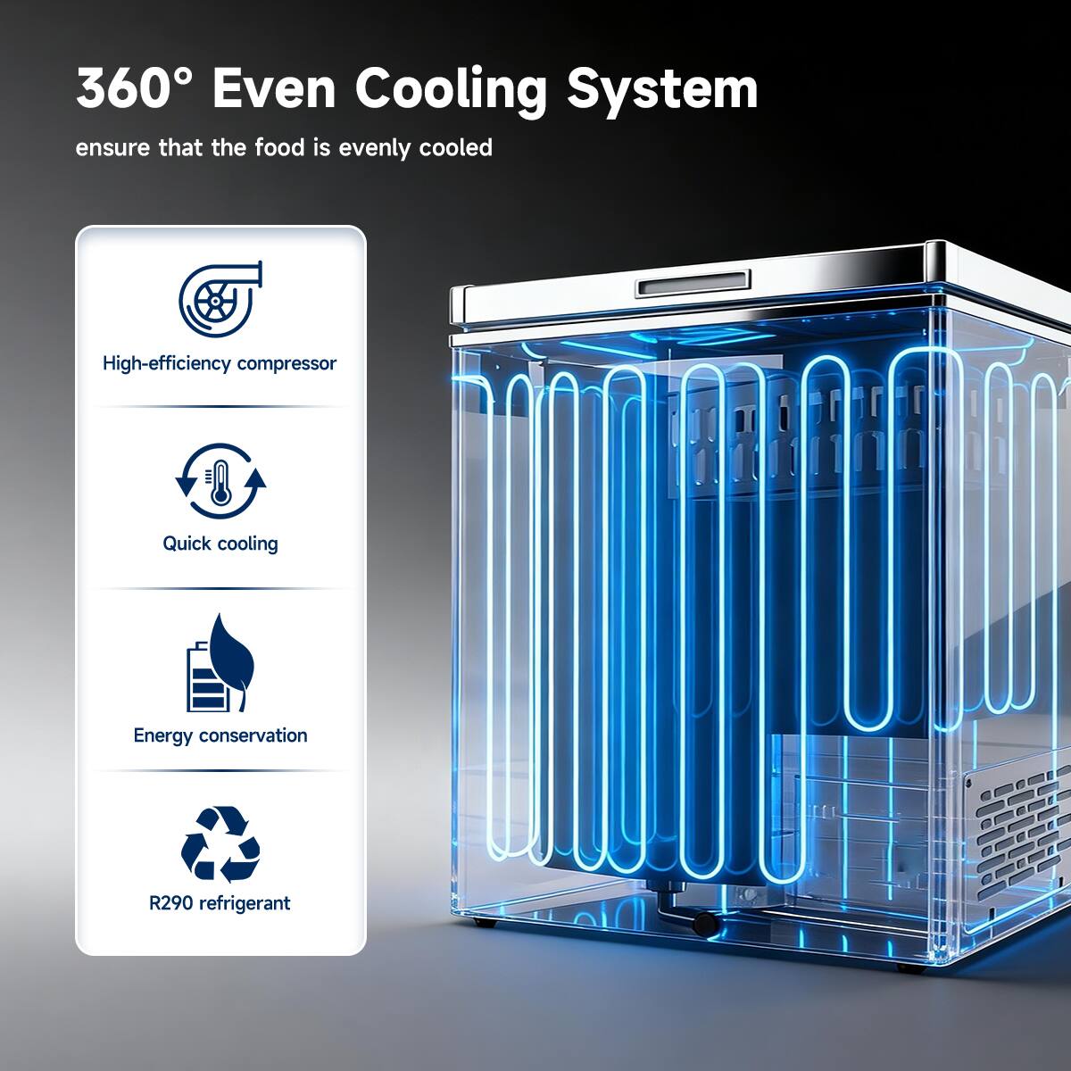 360° Even Cooling System  
ensure that the food is evenly cooled  

- High-efficiency compressor  
- Quick cooling  
- Energy conservation  
- R290 refrigerant