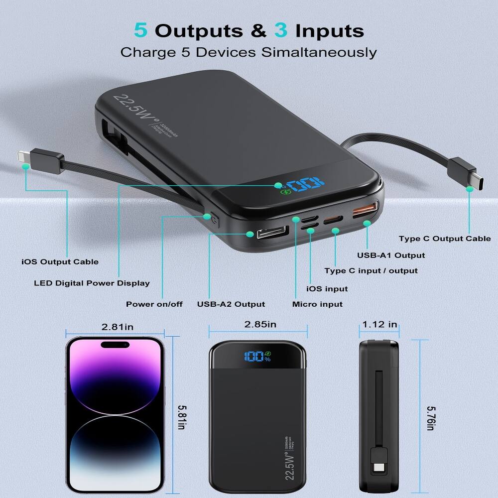 5 Outputs & 3 Inputs  
Charge 5 Devices Simultaneously  
22.5W  
ASPERICA 31000mAh 001  

Type C Output Cable  
iOS Output Cable  
LED Digital Power Display  
USB-A1 Output  
Type C input/output  
iOS input  
Micro input  
Power on/off  
USB-A2 Output  

2.81in  
2.85in  
1.12 in  
5.81in  
5.76in