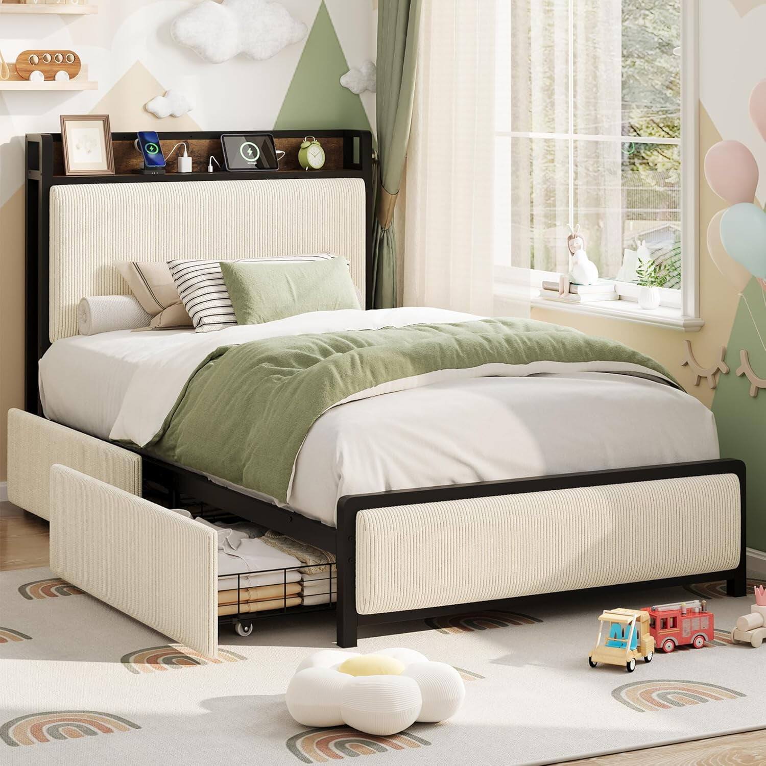 Front. Acekool - Easy Assembly Twin Bed Frame Space Saving, for Living Room, Guest Room - Off-white.