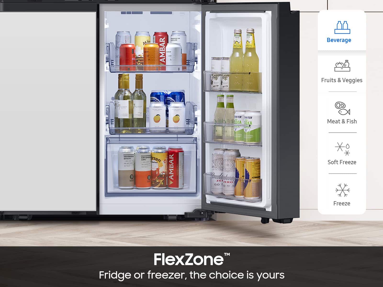 The text on the image is promoting a refrigerator or freezer with a variety of drinks, including soda, juice, and water. The refrigerator is advertised as being able to store both frozen and refrigerated items, offering flexibility to the user. The text also emphasizes that the choice is yours, suggesting that the refrigerator is versatile and can meet different needs.