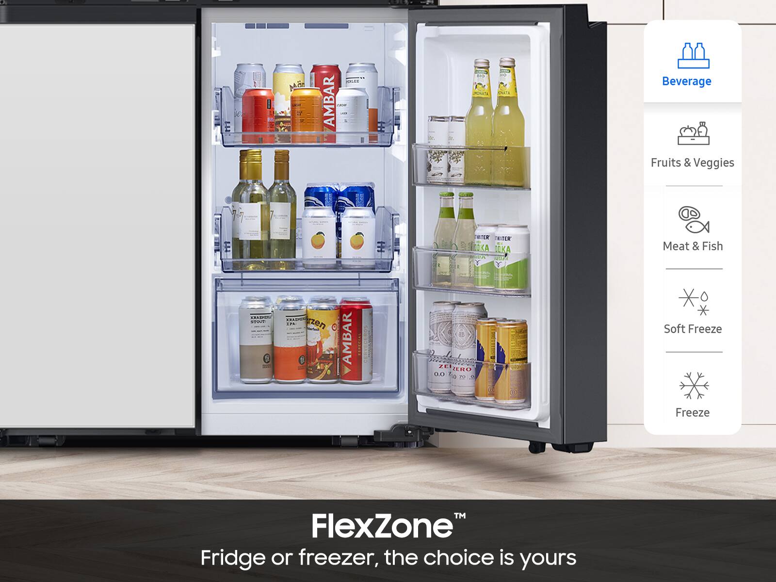 The text on the image is promoting a refrigerator or freezer with a variety of drinks, including soda, juice, and water. The refrigerator is advertised as being able to store both frozen and refrigerated items, offering flexibility to the user. The text also emphasizes that the choice is yours, suggesting that the refrigerator is versatile and can meet different needs.