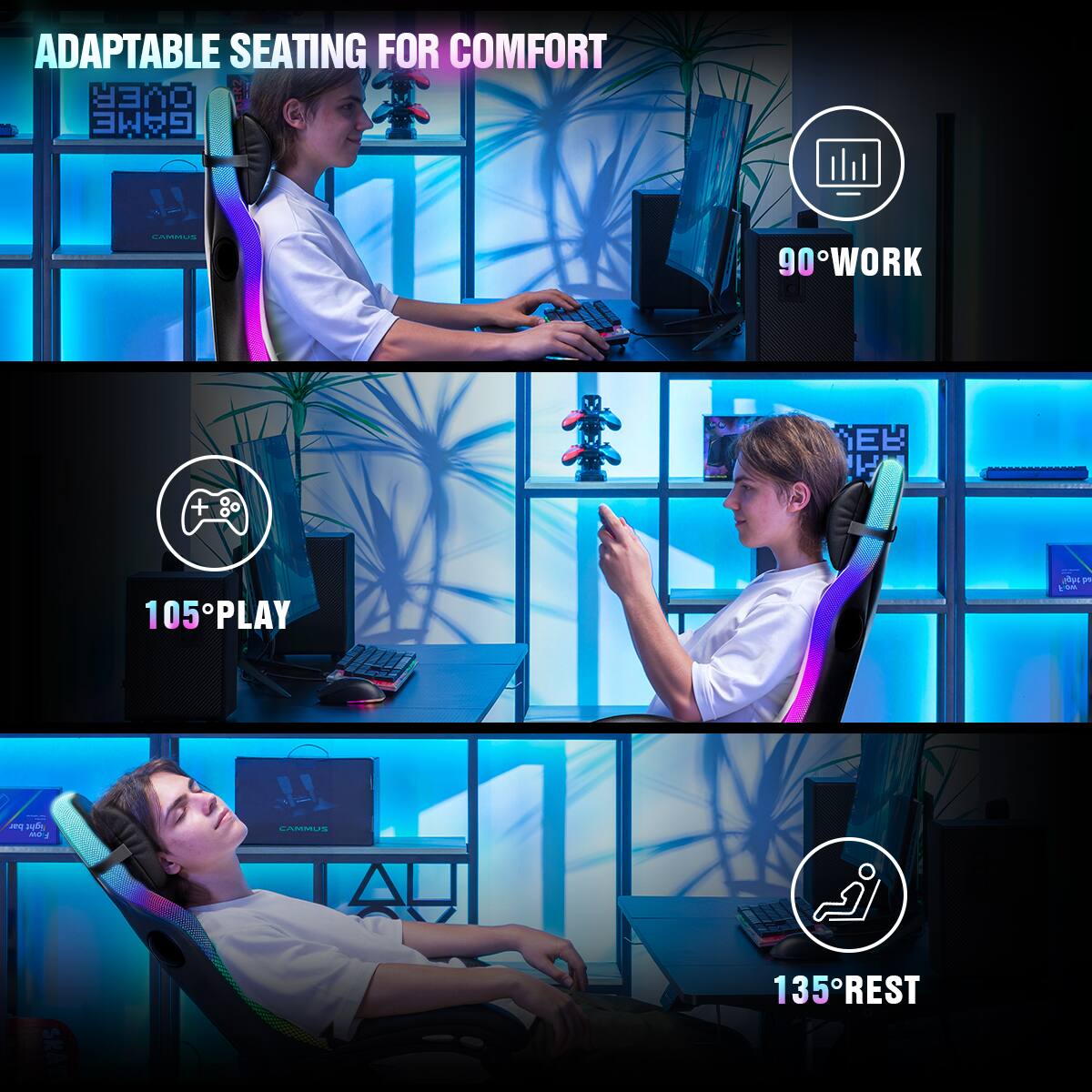 ADAPTABLE SEATING FOR COMFORT

90° WORK

105° PLAY

135° REST