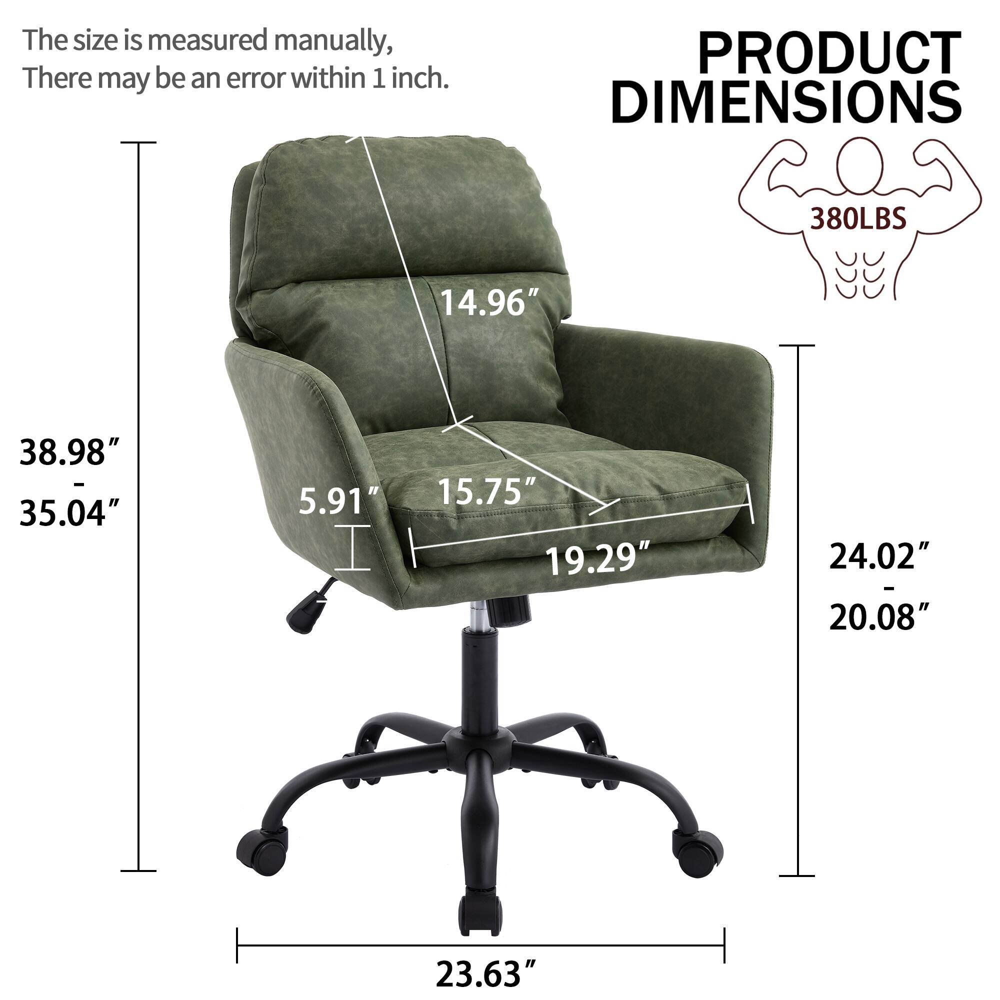 The size is measured manually, there may be an error within 1 inch.

PRODUCT DIMENSIONS

380LBS

- Height: 38.98" - 35.04"
- Width: 14.96"
- Depth: 15.75" - 19.29"
- Armrest Height: 5.91"
- Seat Height: 24.02" - 20.08"
- Base Width: 23.63"