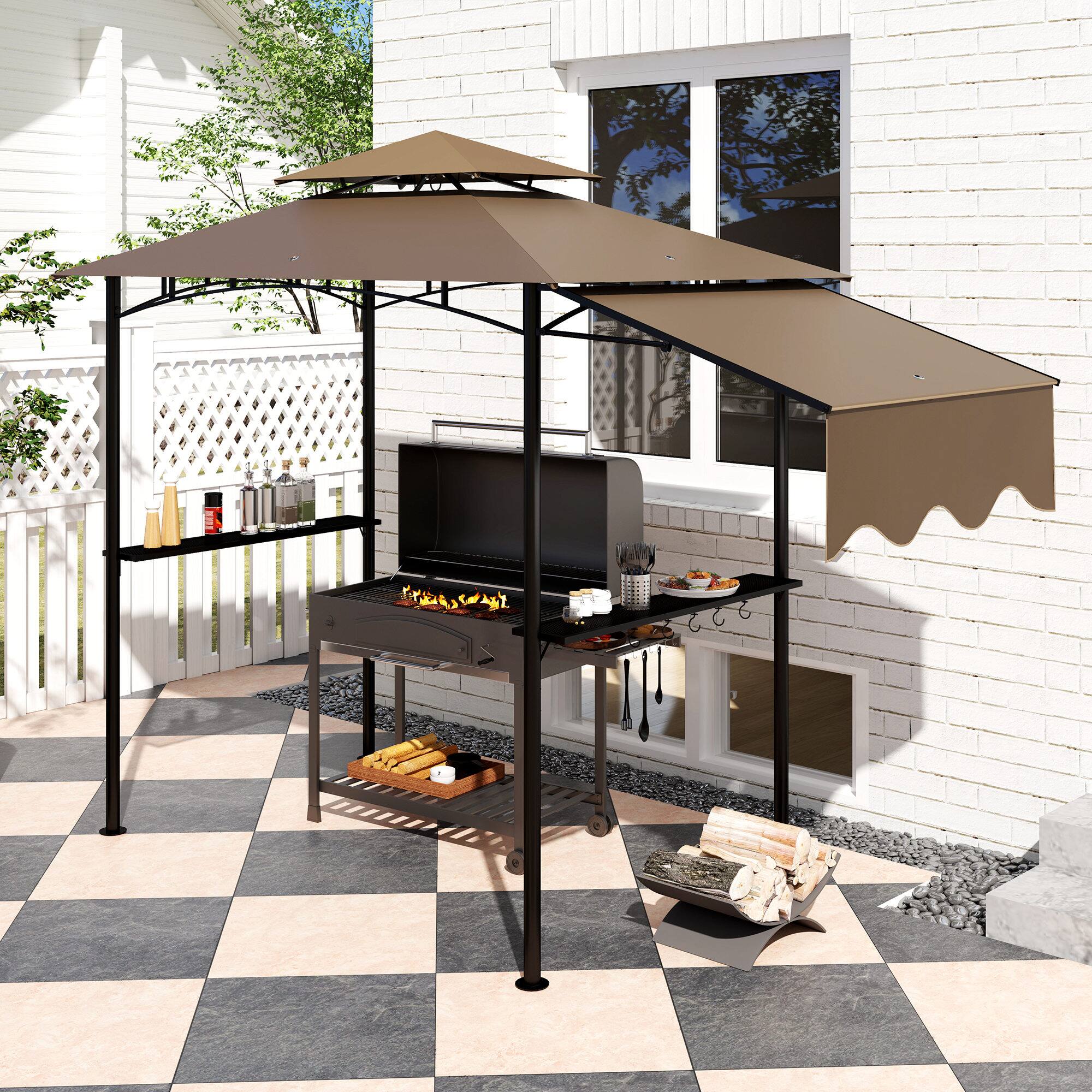 Alt View 8. Outsunny - 8' x 5' Grill Gazebo, Double Tiered Outdoor BBQ Gazebo with Side Awning, 2 Side Shelves and 6 Hooks - Brown.