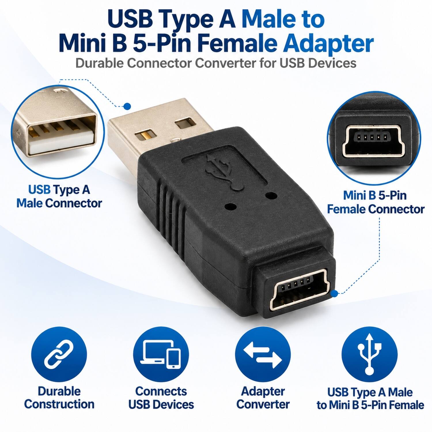 Sanoxy USB Type A Male to Mini B 5 Pin Female Adapter – Durable ...