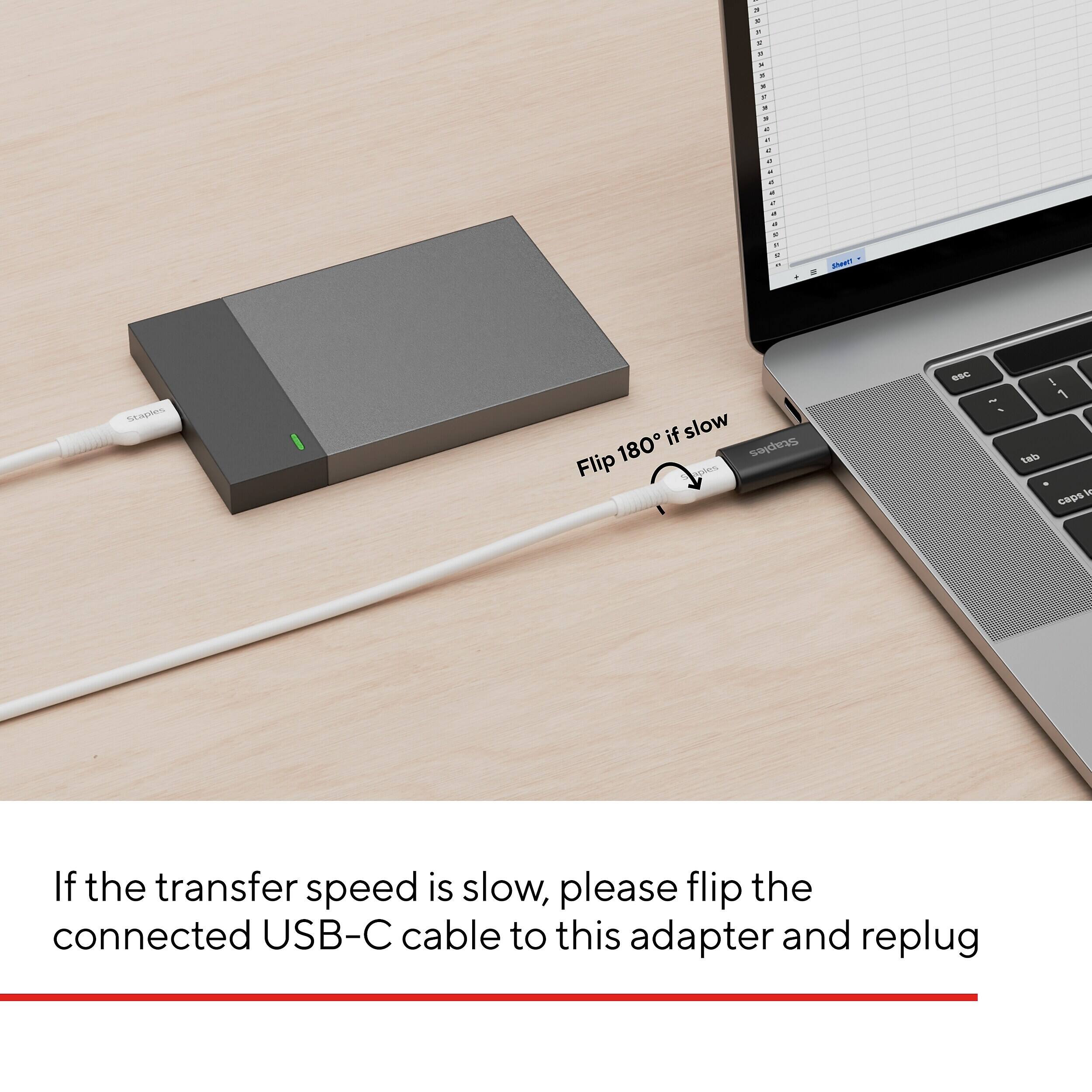 If the transfer speed is slow, please flip the connected USB-C cable to this adapter and replug