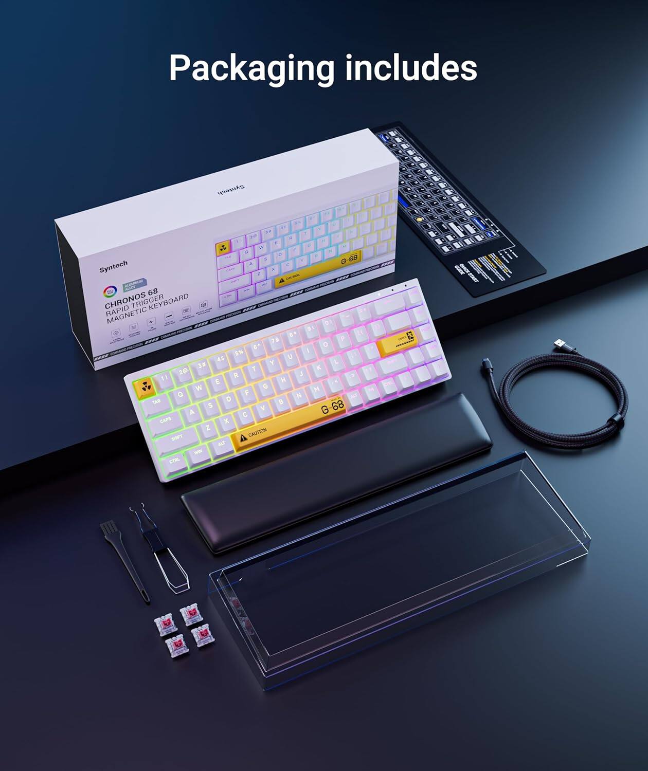 Packaging includes a SynTech CHRONOS 68 MID-TRIGGER MAGNETIC KEYBOARD