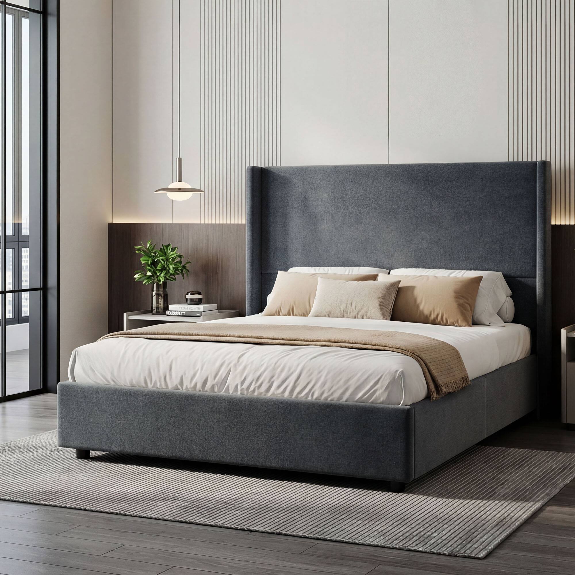 Left. Dyonery - Queen-Size Padded Platform Bed Frame with Hydraulic Storage / Modern Winged Headboard / No Mattress Required. - Gray.